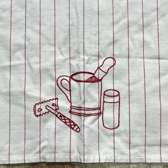 Vintage Embroidered Tea Towel Shaving Razor Brush Red Striped Barber Decor - Picture 1 of 7